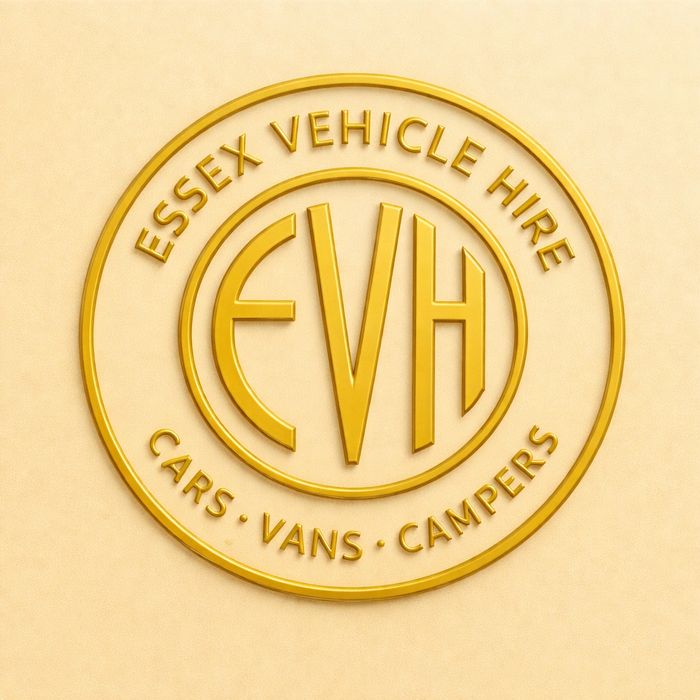 Gold logo for Essex Vehicle Hire featuring EVH initials and vehicle types.