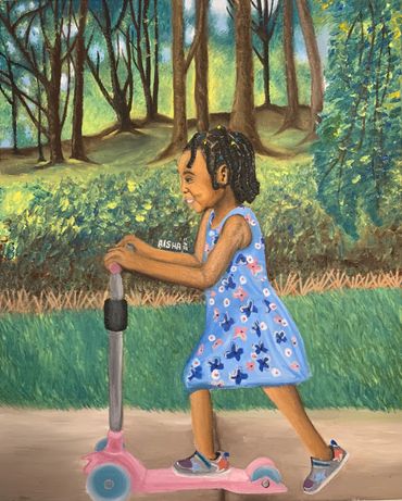oil painting of a girl on a scooter