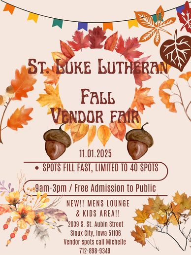 Fall Vendor Fair on Sat November 1 from 9-3. 