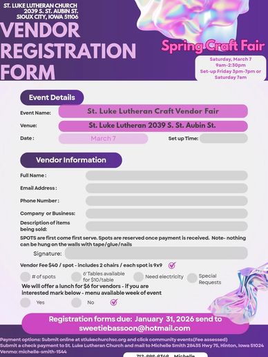 Vendor Registration for craft fair on March 7. 