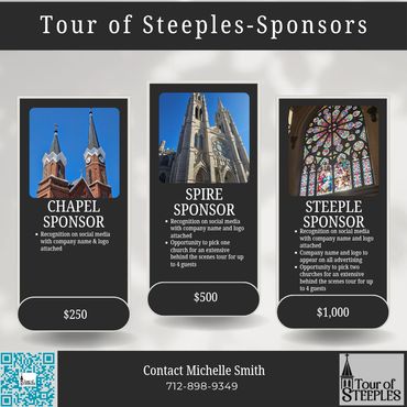Sponsorship options for Tour of Steeples with three levels and contact info.