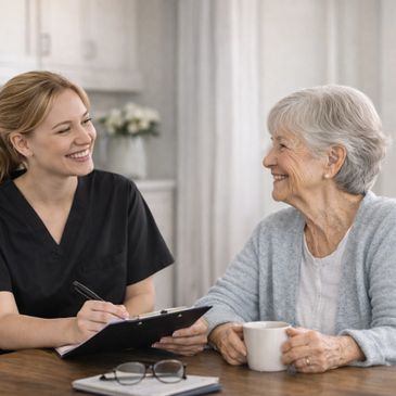 A caregiver consulting with an elderly woman over a cup of tea.