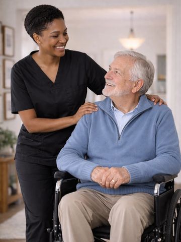 Caregiver smiling at elderly man in wheelchair, showing warmth and support.