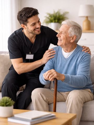 Caregiver warmly supporting an elderly man sitting on a couch.