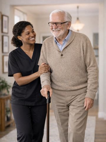 Caregiver supports elderly man walking with a cane indoors.