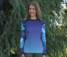 Women's rash guard indigo urchin sunset coral theme purple and blue