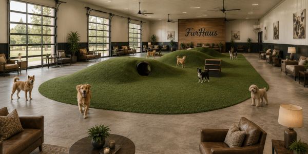 Indoor dog play area with artificial grass and seating.