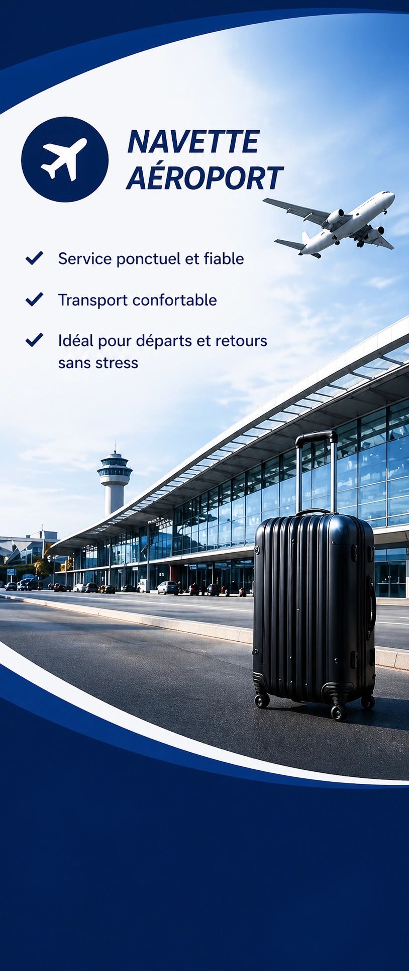 Publicité pour une navette d'aéroport fiable et confortable avec une valise devant l'aéroport.