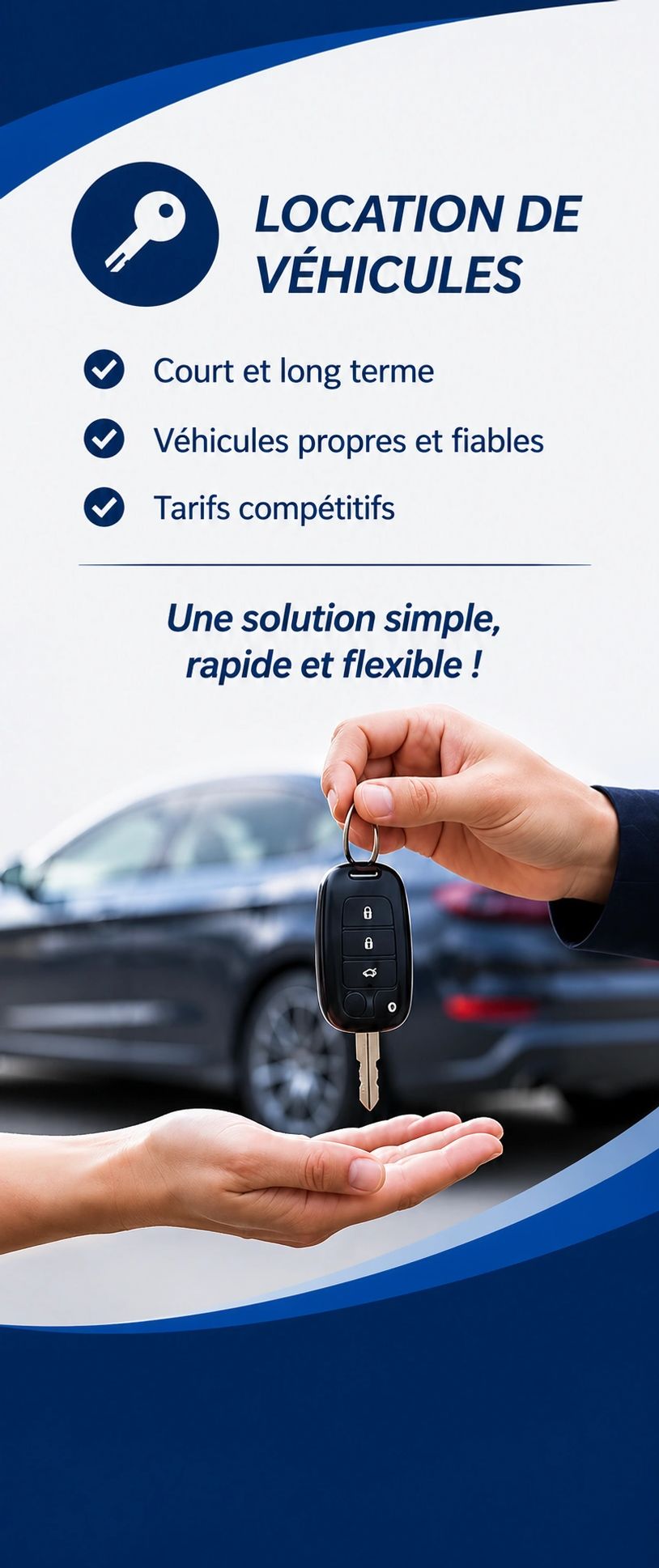 Publicité pour la location de véhicules avec remise des clés.