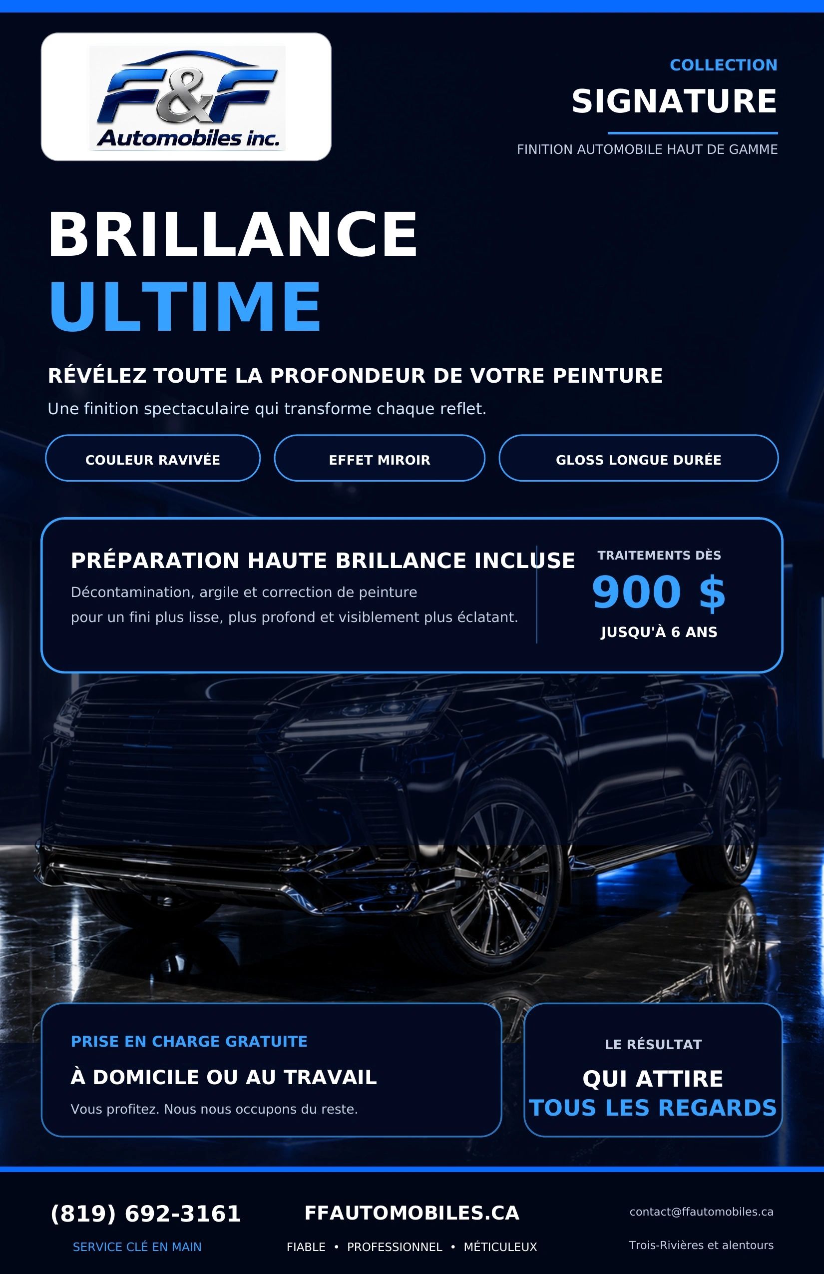 Publicité pour le traitement automobile "Brillance Ultime" de F&amp;F Automobiles.
