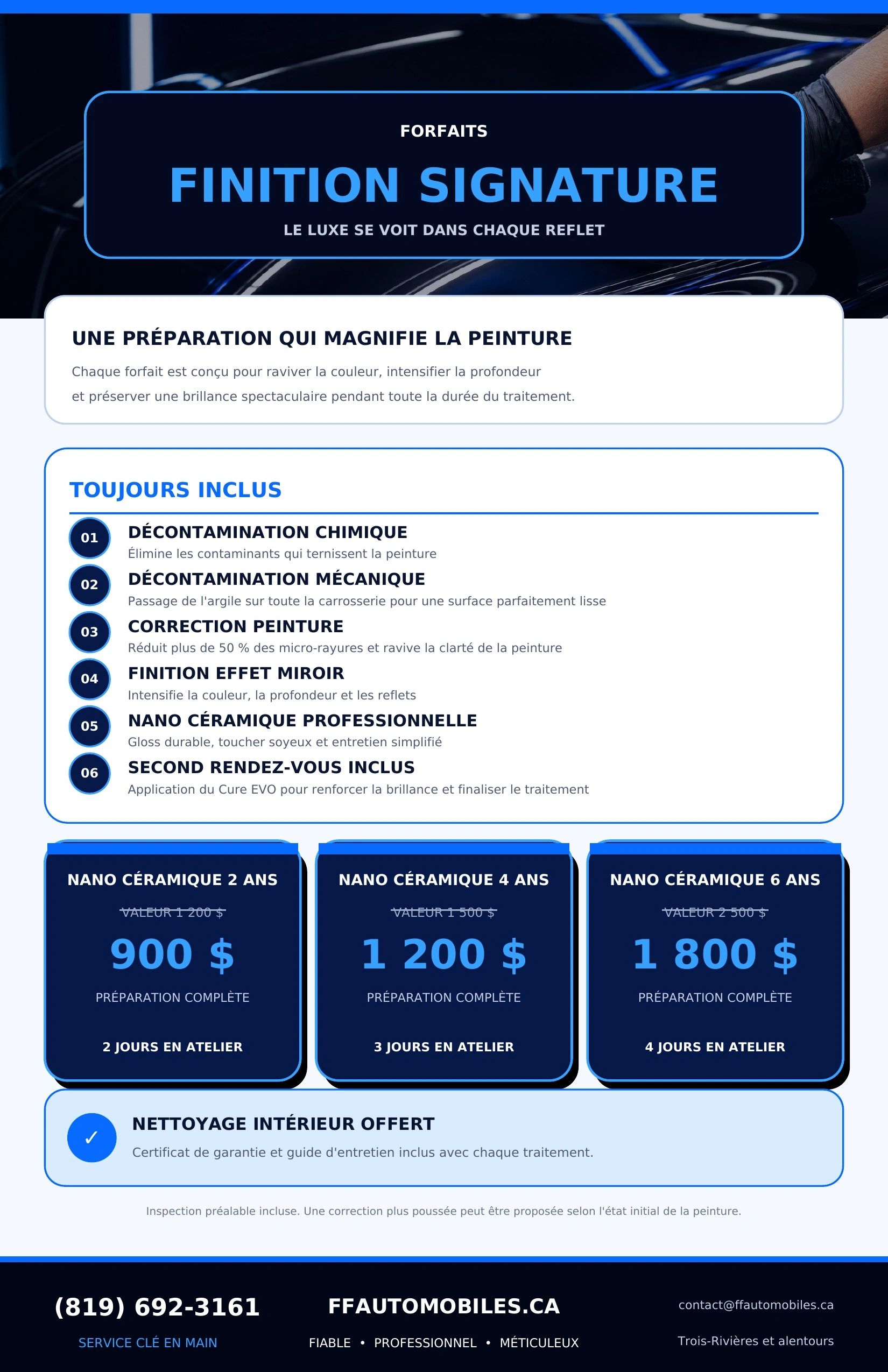 Forfaits de finition signature pour carrosserie avec nano céramique.