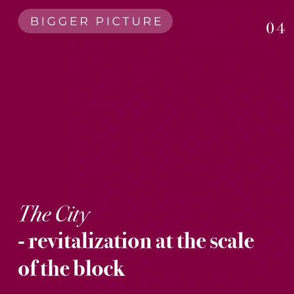 Text on a maroon background about city revitalization.