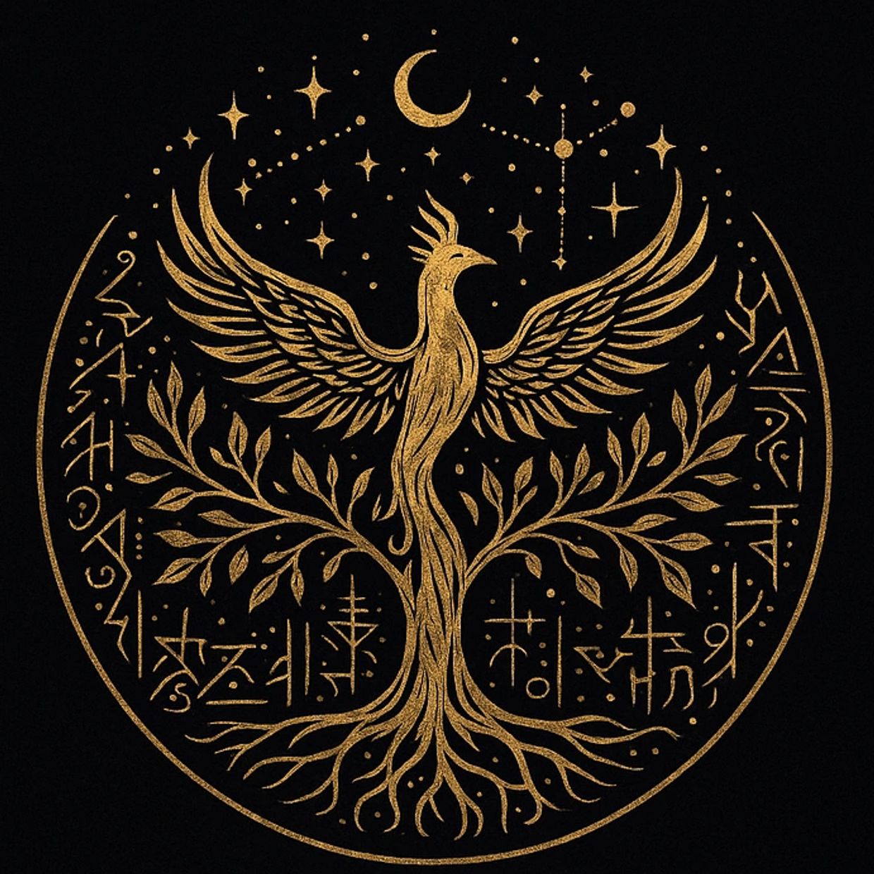 Golden phoenix with tree roots and mystical symbols in a circle, captioned 'SoulRise Healing'.