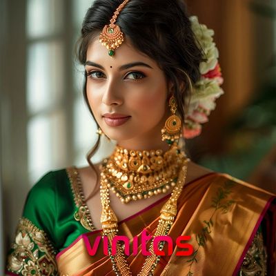 South Indian bride in traditional attire by Vinitas, adorned with gold jewelry.