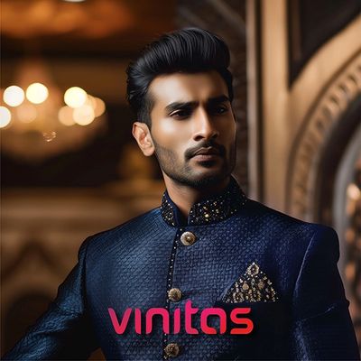 Vinitas groom makeup: Stylish male model in a detailed blue sherwani.