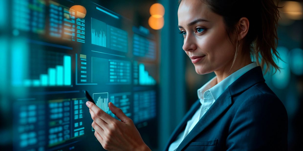 Businesswoman analyzing financial data with smartphone and digital charts.
