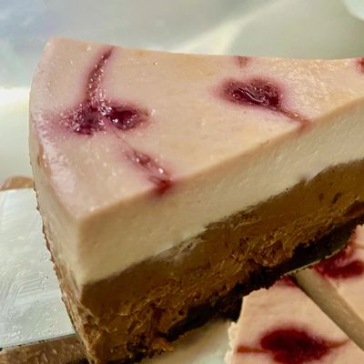 Raspberry Chococherry Cheesecake with layer of Chocolate and Sour Cherry and Raspberry compote