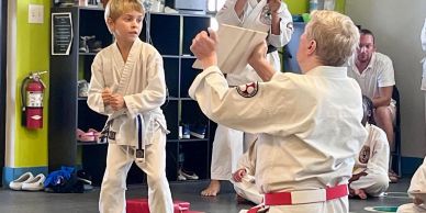 Boy practicing martial arts with instructor holding a board.