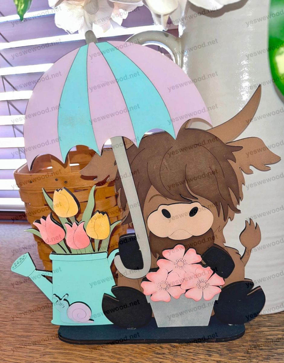 Spring Highland Cow with Umbrella, Shelf Sitter, Blank Kit
