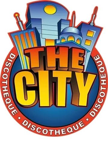 Colorful logo of 'The City' discotheque with city buildings.