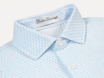Close-up of a light blue patterned dress shirt collar with white buttons.