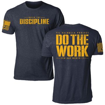 Navy blue motivational T-shirt with bold yellow text about discipline and hard work.