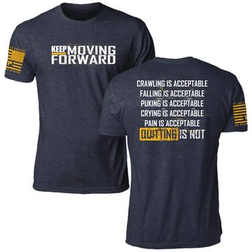 Navy blue motivational T-shirt with bold white and yellow text inspiring perseverance and resilience.