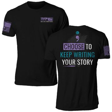 Black T-shirts with motivational text and Til Valhalla Project logos in purple and blue.