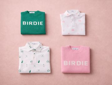 Four folded shirts on a pink surface, two with 'BIRDIE' text and two with golf-themed prints.