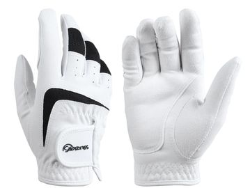 Pair of white and black sports gloves with a velcro strap.