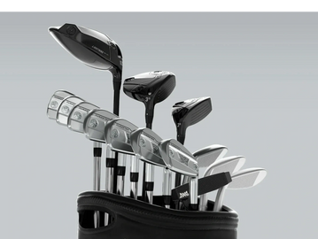 Set of sleek golf clubs in a black bag against a gray background.