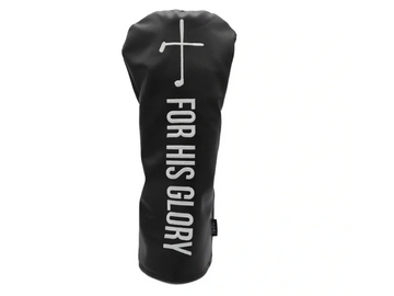 Black golf club cover with a cross and "FOR HIS GLORY" text.