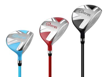 Three colorful golf drivers with 'Shorties' branding in blue, red, and black.