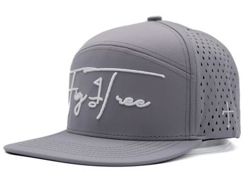 Gray flat-brim cap with white embroidered 'FryFree' text and perforated sides.