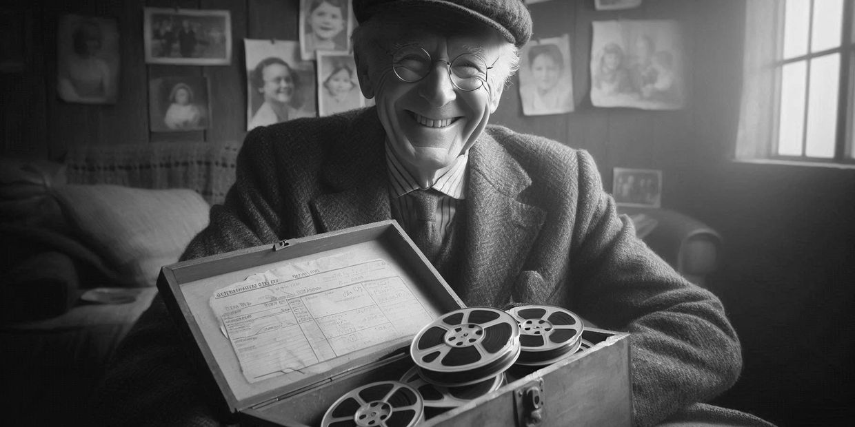 Happy elderly gentleman holding a box of his treasured cine films, ready for digital conversion.
