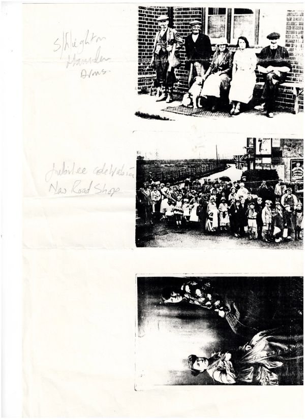Three vintage black-and-white photographs with handwritten notes on a white sheet.