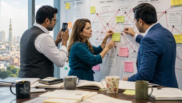 Three professionals collaborating on a complex strategy with sticky notes and strings on a whiteboard.
