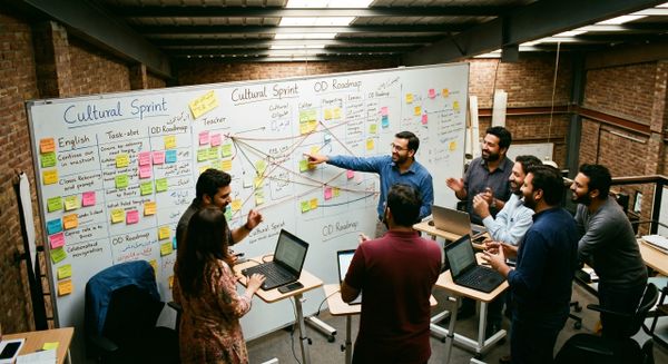 Team collaborating enthusiastically around a whiteboard filled with colorful sticky notes and plans.