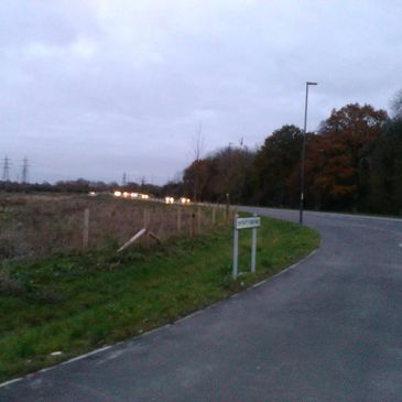 Curving road next to a grassy field and trees under a cloudy sky at dusk.