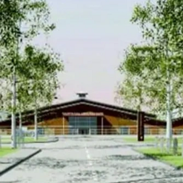 Rendering of a new agricultural center with trees and a central path.