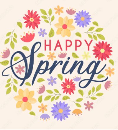 Colorful floral design with the words 'Happy Spring' in the center.