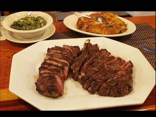 Sliced Rib Eye, Sliced Strip Steak with Cream Spinach 