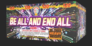 A colorful fireworks box labeled 'Be All and End All' with bright bursts and warnings.