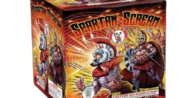 Colorful 'Spartan Scream' firework box with Spartan warrior illustration.