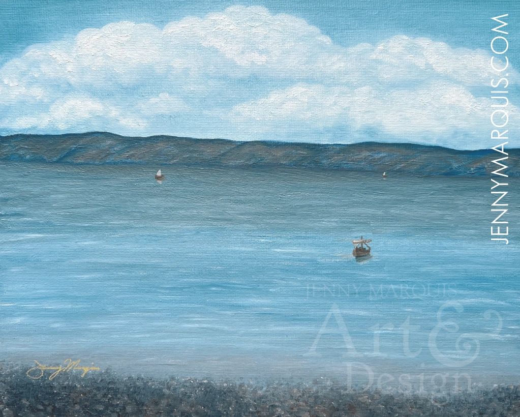 "Fishing Boats at the Sea of Galilee" by Jenny Marquis. Oil on canvas panel. Framed painting.