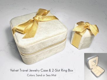 Promotional product image of "Velvet Travel Jewelry Case" (Sand) & "2-Slot Ring Box" (Sea Mist)