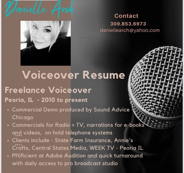 Voiceover resume for Danielle Arch with contact details and experience.