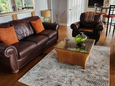 Living room with brown leather sofa and chair