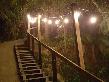Stair path to beach with lights
