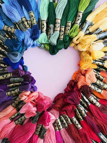Colorful embroidery threads arranged in a heart shape on a pink background.